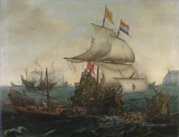 風景 Painting - 1602 年の海戦でフランダース海岸沖でスペインのガレー船に体当たりするオランダ船 ブルーム ヘンドリック コーネリス